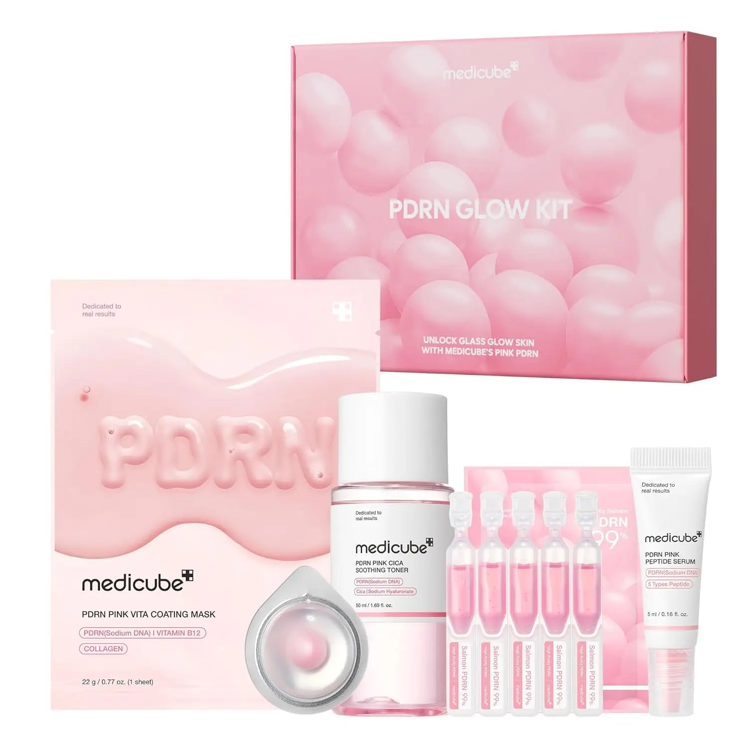 medicube PDRN Trial Kit  Glass Glow Mini Skincare Set with Toner Serum  Sheet Mask for Hydrating Firming Moisturizing
