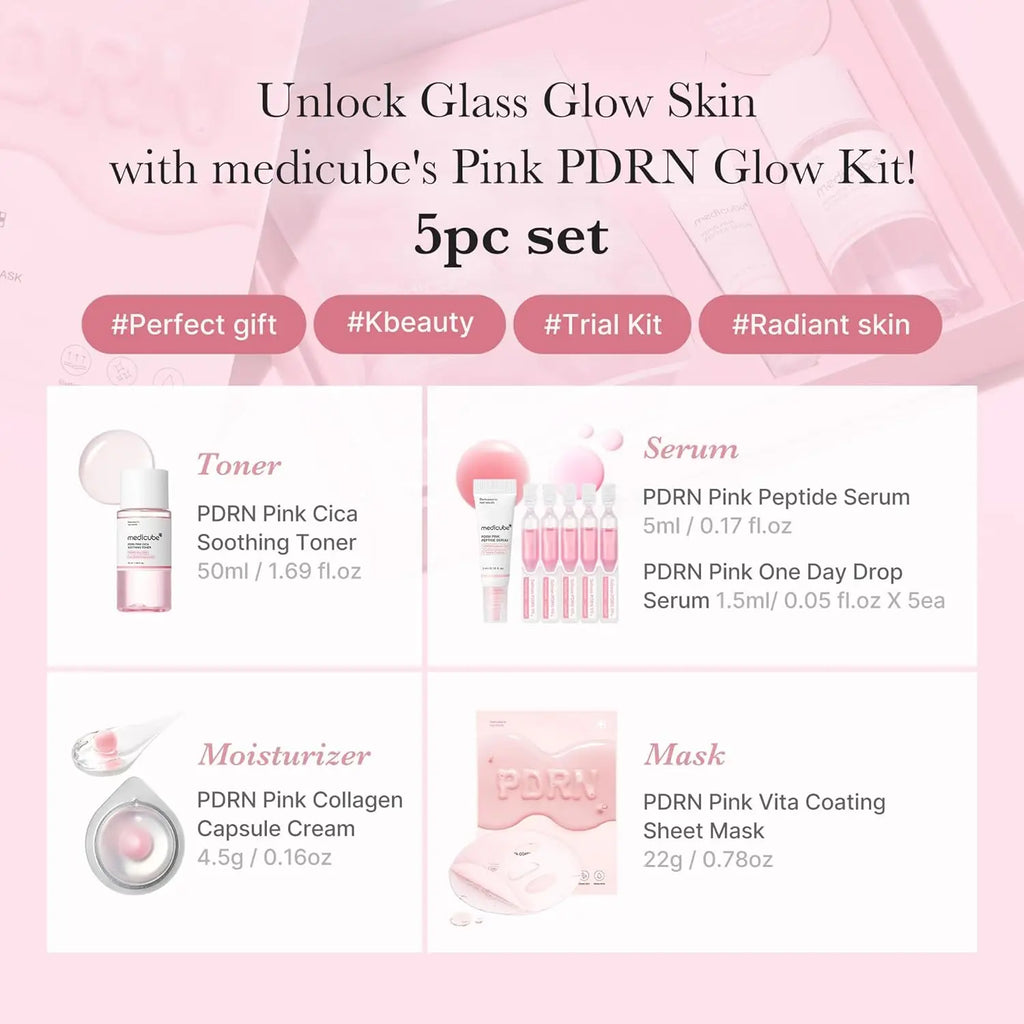 medicube PDRN Trial Kit  Glass Glow Mini Skincare Set with Toner Serum  Sheet Mask for Hydrating Firming Moisturizing