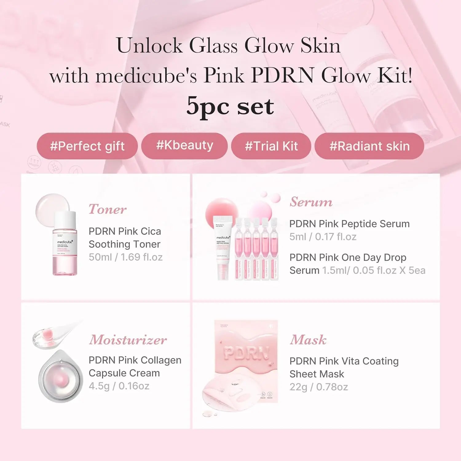 medicube PDRN Trial Kit  Glass Glow Mini Skincare Set with Toner Serum  Sheet Mask for Hydrating Firming Moisturizing